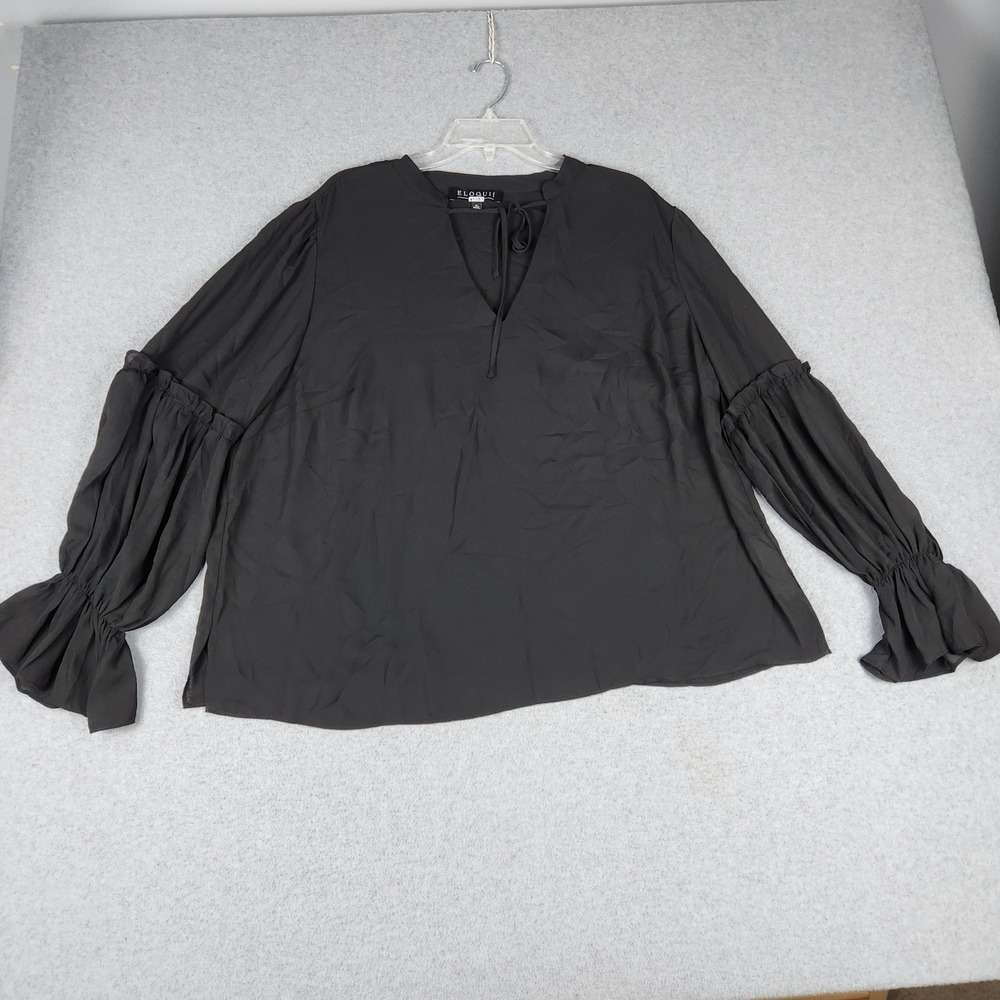 Eloquii Blouse Top Womens 18‎ Black Bishop Long Sleeve Ruffle Trim Tie Front